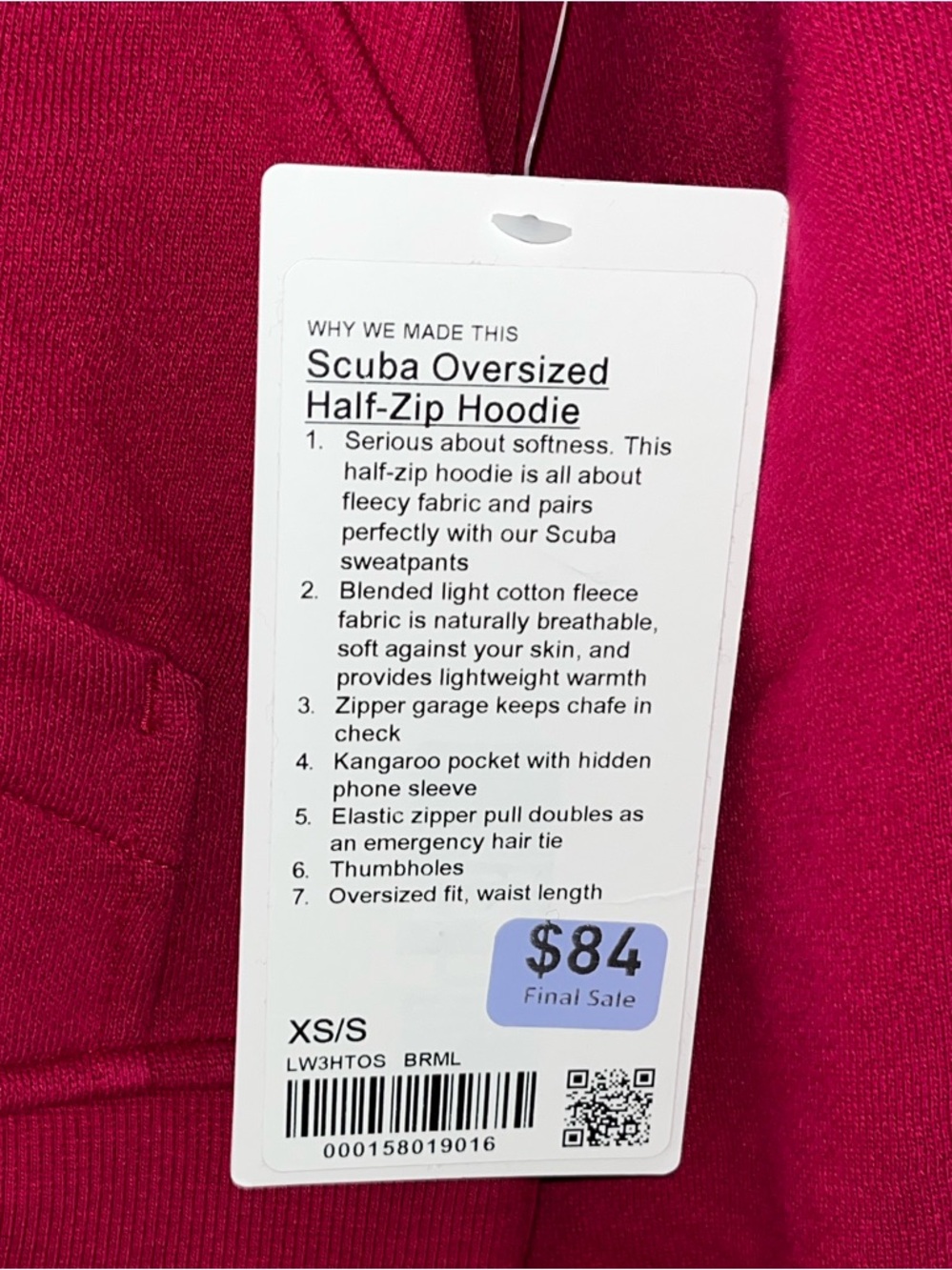 NWT Lululemon NWT Scuba Oversized Half-Zip Hoodie in Deep Pink, S/XS